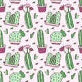 Cute Cactuses Seamless vector pattern. Hand-drawn illustration for fabric